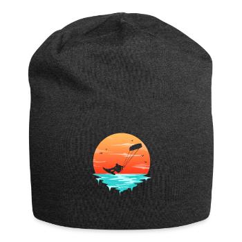 Retro Sunrise Kitesurfer Silhouette Kiteboard Kite - Jersey Beanie - charcoal grey - Front