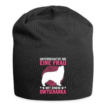 Frau mit Kaukasischer Owtscharka Kaukase Spruch - Jersey-Beanie - Schwarz - Vorne