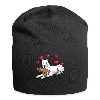 Dogo Argentino dog with plush toy and many - Jersey Beanie - black - Front