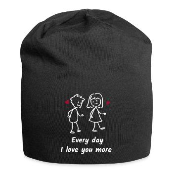 Jeden Tag liebe ich dich mehr. Süße Liebe - Jersey-Beanie - Schwarz - Vorne