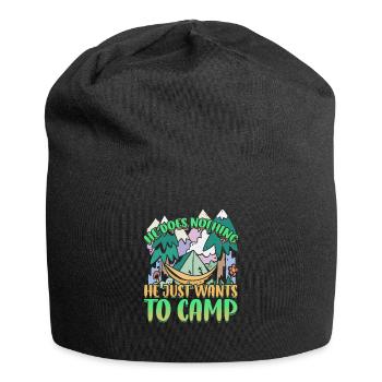 He doesn't do anything He just wants to camp - camping nature - Jersey Beanie - black - Front