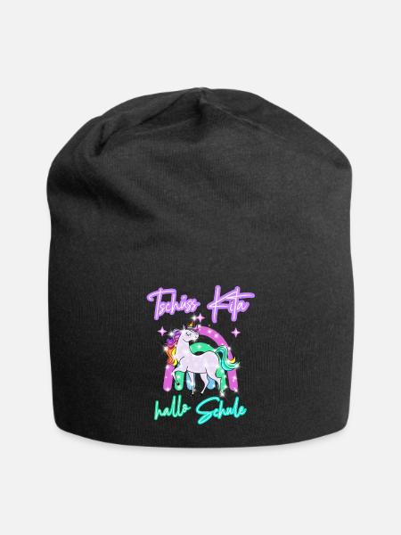 Tschüss Kita! hallo Schule Regenbogen Einhorn - Jersey-Beanie - Schwarz