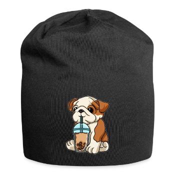 Englische Bulldogge trinkt Bubble Tea - Jersey-Beanie - Schwarz - Vorne