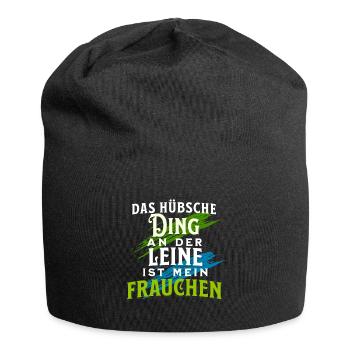 Frauchen geht Gassi mit Hund - Jersey-Beanie - Schwarz - Vorne