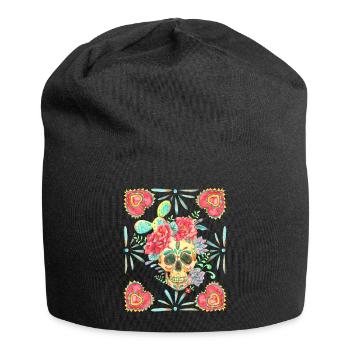 Crâne de sucre mexicain, cœur de cœur et cactus - Bonnet en jersey - noir - Devant