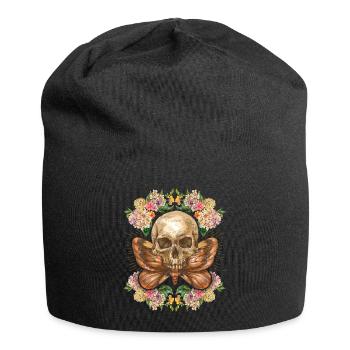 Totenkopf Schädel Skull mit Nachtfalter Hortensien - Jersey-Beanie - Schwarz - Vorne