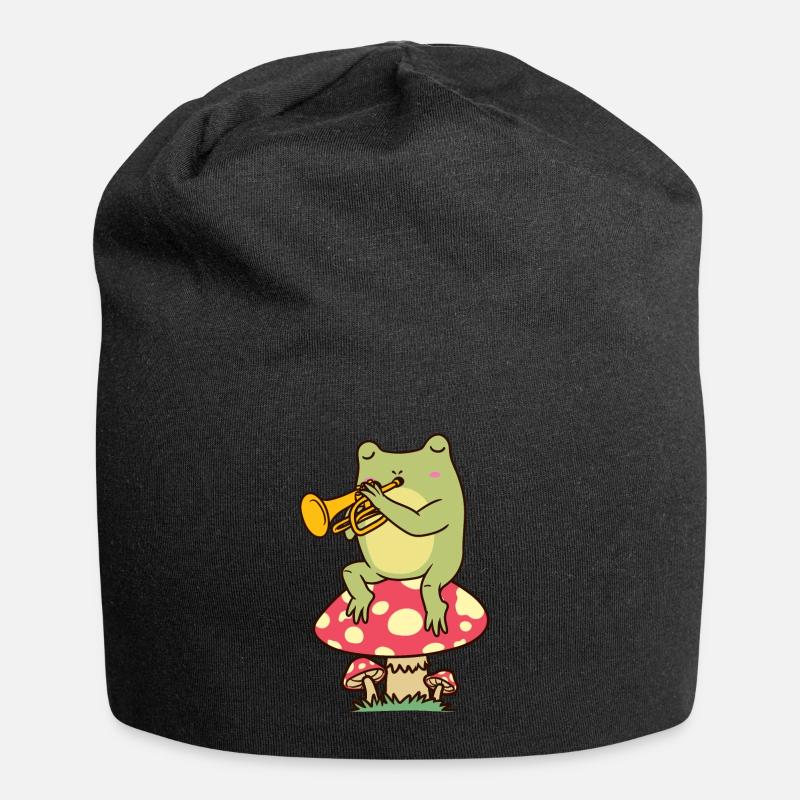 Frosch Auf Pilz Mit Trompete Trompeter - Jersey-Beanie - Schwarz