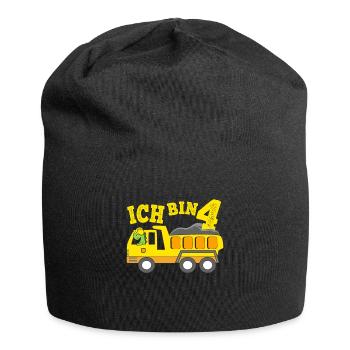 Geburtstagsgeschenk 4. Geburtstag Dino Kipplaster - Jersey-Beanie - Schwarz - Vorne