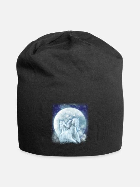 White horses in the moonlight riding horse - Jersey Beanie - black