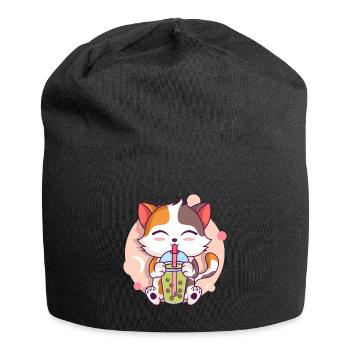 Anime Kawaii Cat Boissons Boba Thé à bulles - Bonnet en jersey - noir - Devant