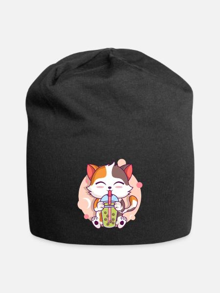 Anime Kawaii Cat Drinks Boba Tea bubble Tea - Jersey Beanie - black