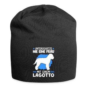 Frau mit Lagotto Romagnolo Trüffelhund - Jersey-Beanie - Schwarz - Vorne