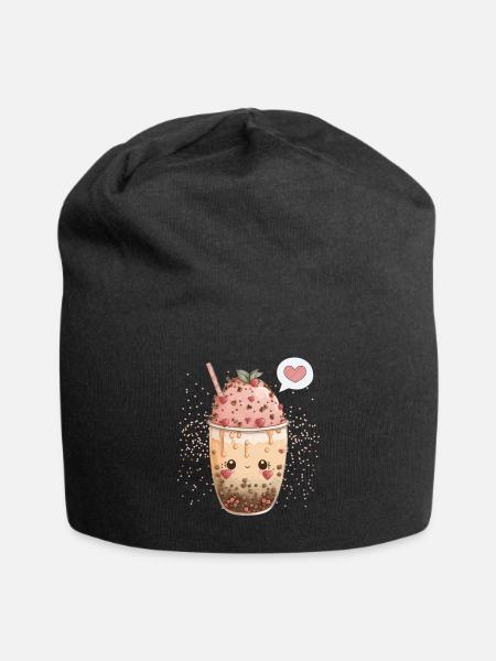 Kawaii Boba Tea zum Valentinstag Bubble Tea Herzen - Jersey-Beanie - Schwarz