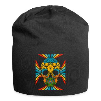 70er Jahre Flower-Power Skull Retro-Totenkopf - Jersey-Beanie - Schwarz - Vorne