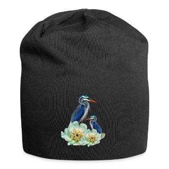 Der elegante Kranich mit Blumen - Jersey-Beanie - Schwarz - Vorne