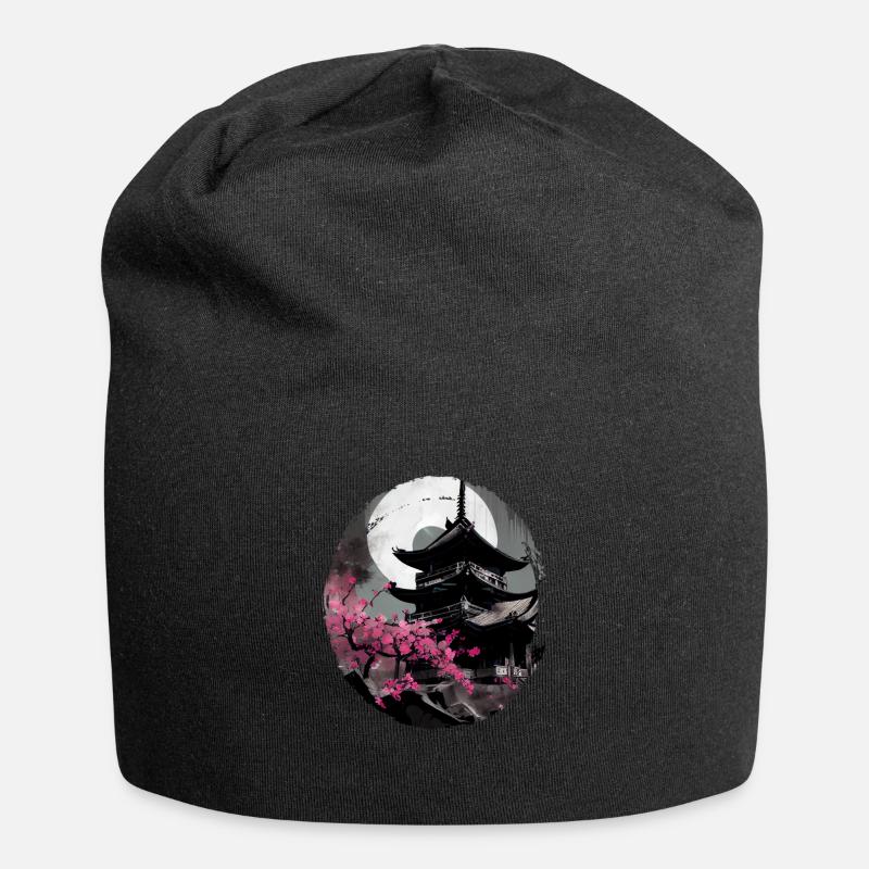Vintage Japanische Sakura Kirschblüten Tempel - Jersey-Beanie - Schwarz