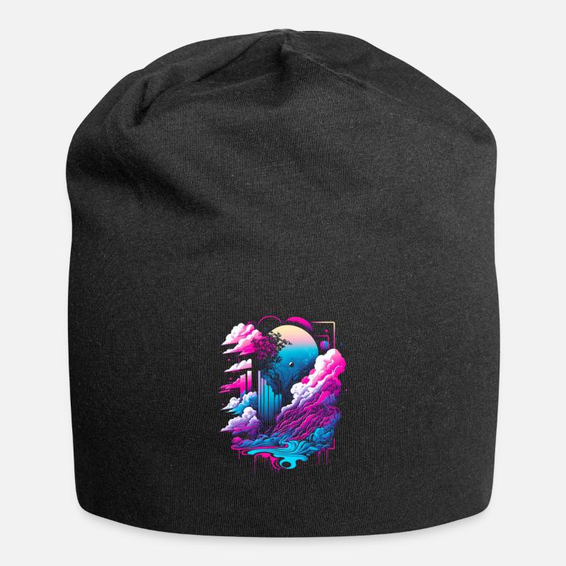 Vaporwave Abstrakte Landschaft Mond Baum - Jersey-Beanie - Schwarz