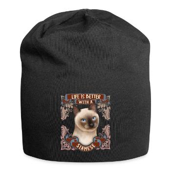 Cat Siamese Cat, Siamese Life-is-Better Saying - Jersey Beanie - black - Front