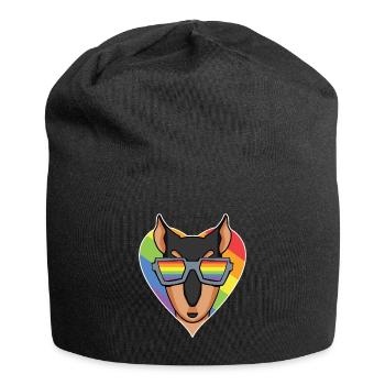 Regenbogen - Hund mit Brille - Dobermann - Jersey-Beanie - Schwarz - Vorne