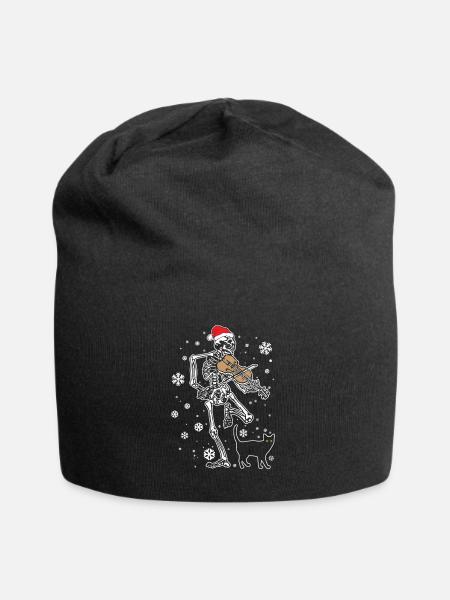Skelett spielt Violine Katze Weihnachtsmütze - Jersey-Beanie - Schwarz