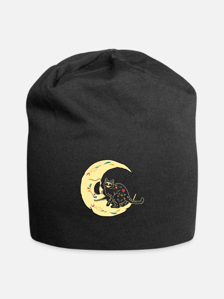 Dia De Los Muertos Cat Moon Sugar Skull Halloween - Jersey Beanie - black