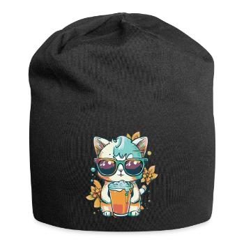 Sommer-Coolness: Katze mit Sonnenbrille - Jersey-Beanie - Schwarz - Vorne