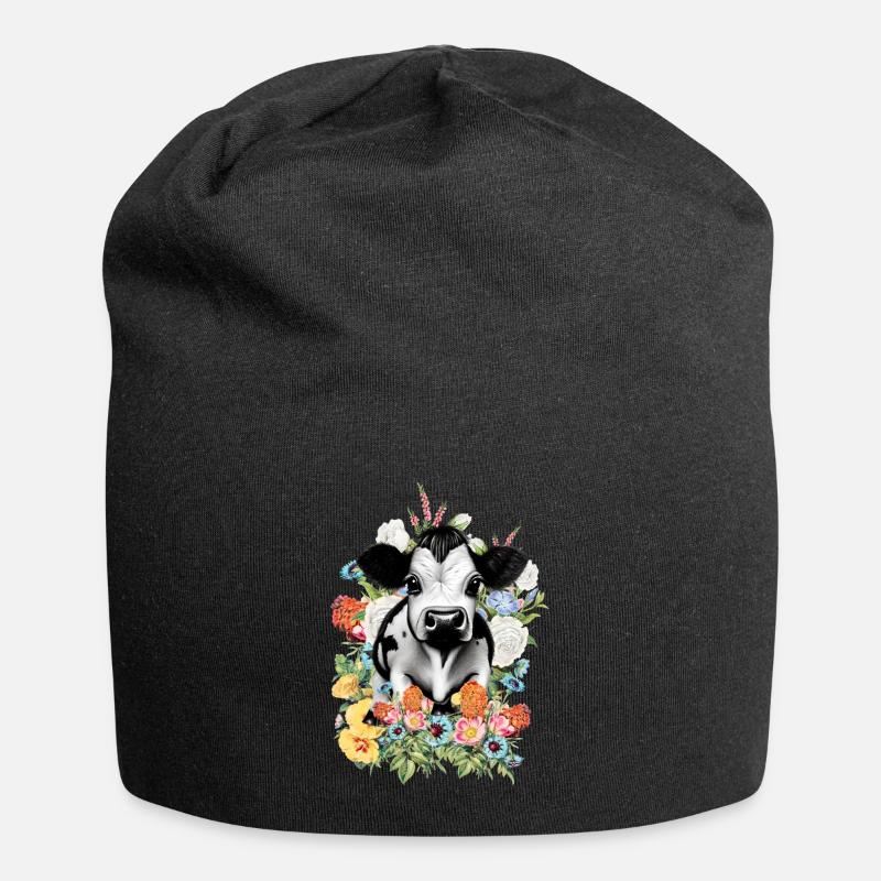 Kuh Blumen - Jersey-Beanie - Schwarz