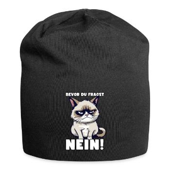Grump Cat - Bevor Du Fragst Nein! Zynischer Spruch - Jersey-Beanie - Schwarz - Vorne