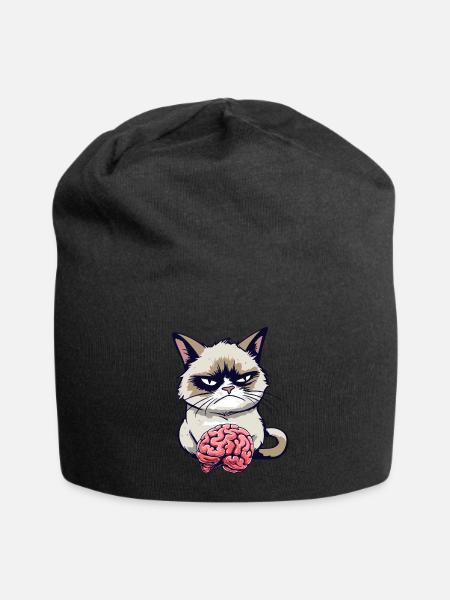 Lustige Cartoon Grump Cat Mit Gehirn - Sarkasmus - Jersey-Beanie - Schwarz