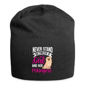 Mädchen und ihr Pekinese Peking-Palasthund - Jersey-Beanie - Schwarz - Vorne