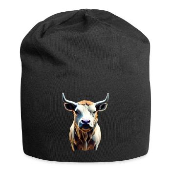 Kuh - Bulle mit Hörnern - Jersey-Beanie - Schwarz - Vorne