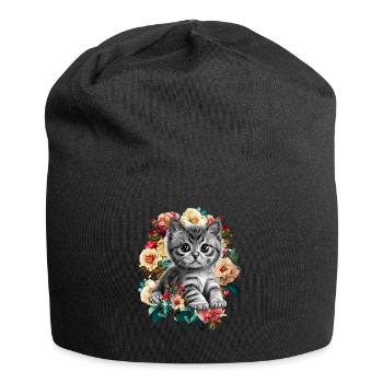 Katze Blumen - Jersey-Beanie - Schwarz - Vorne