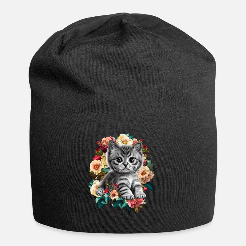 Cat Flowers - Jersey Beanie - black