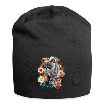 Katze Blumen - Jersey-Beanie - Schwarz - Vorne