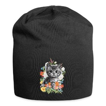 Katze Blumen - Jersey-Beanie - Schwarz - Vorne