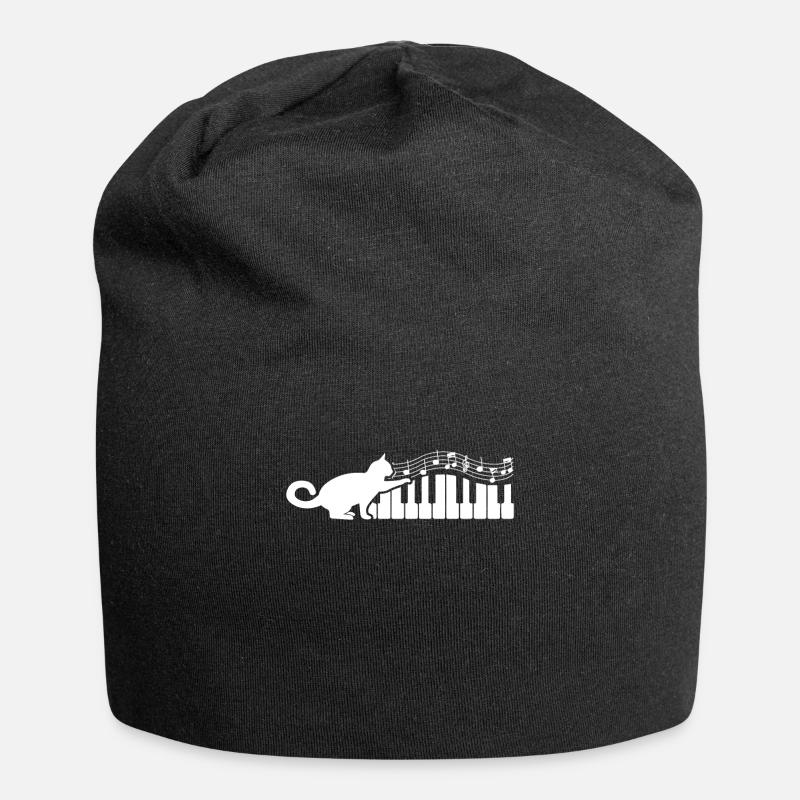 Curious Cat Stretching On Musical Notes Musician - Jersey Beanie - black