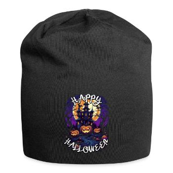Happy Halloween with haunted castle, moon and pumpkins - Jersey Beanie - black - Front