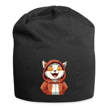 Süße Lachende Cartoon Katze im roten Hoodie - Jersey-Beanie - Schwarz - Vorne
