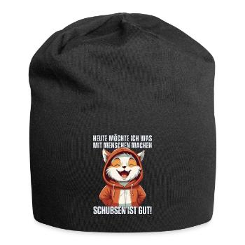 Cartoon Katze in Hoodie: "Heute Menschen schubsen" - Jersey-Beanie - Schwarz - Vorne