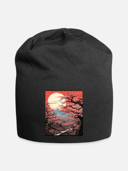 Japanese Cherry Blossom Tree Art Print Sakura - Jersey-Beanie - Schwarz