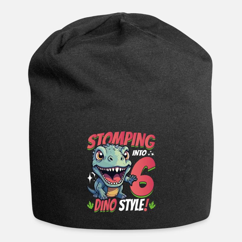 T-Rex Turning 6: Stomping into 6th Dino Style Bday - Jersey Beanie - black