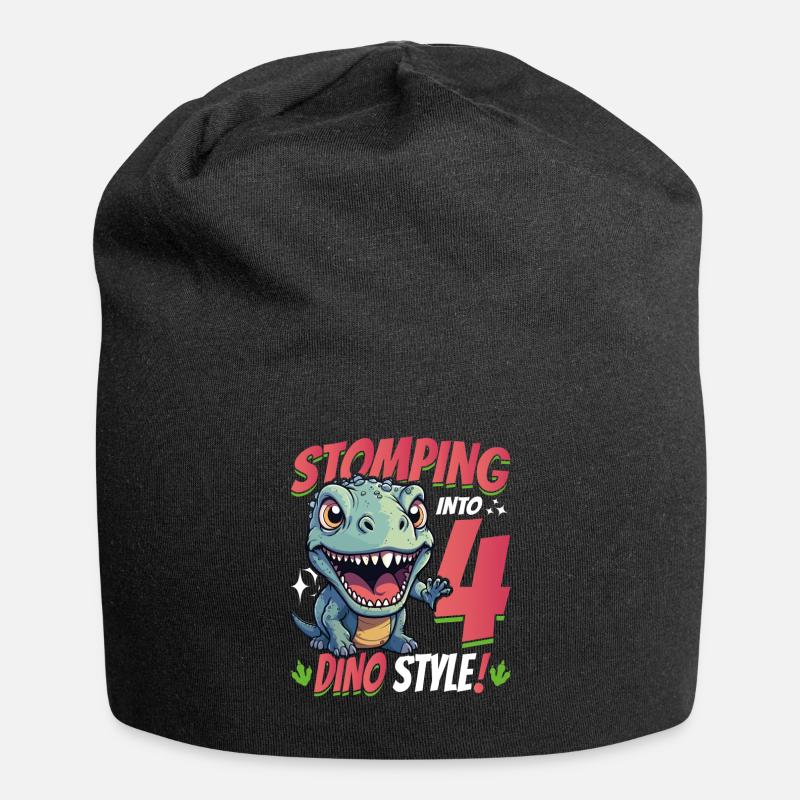 T-Rex Turning 4 Stomping into 4th Dino Style Bday - Jersey Beanie - black