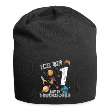 Ich bin 1 Auf in neue Dimensionen 1. Geburtstag - Jersey-Beanie - Schwarz - Vorne