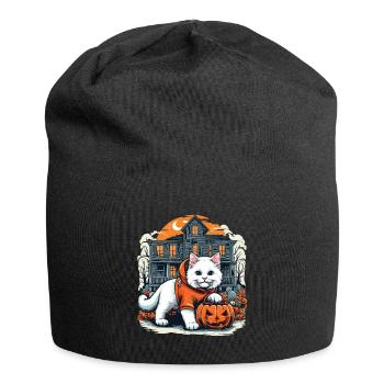 Halloween weiße Katze im Kapuzenpullover mit Spukhaus - Jersey-Beanie - Schwarz - Vorne