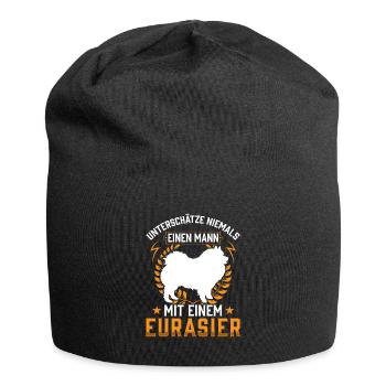 Mann mit Eurasier Eurasian Spitz - Jersey-Beanie - Schwarz - Vorne