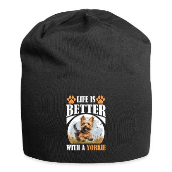 Yorkshire Terrier Dog Yorkie - Life is better - Jersey-Beanie - Schwarz - Vorne
