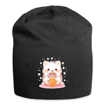 Kawaii Cat Drinks Boba Bubble Tea Chibi - Jersey Beanie - black - Front