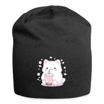 Kawaii Cat Drinks Boba Bubble Tea Chibi - Jersey Beanie - black - Front
