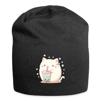 Kawaii Cat Drinks Boba Bubble Tea Chibi - Jersey Beanie - black - Front