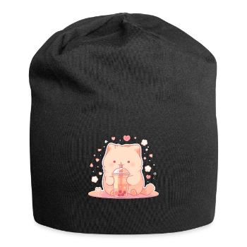 Kawaii Cat Drinks Boba Bubble Tea Chibi - Jersey Beanie - black - Front